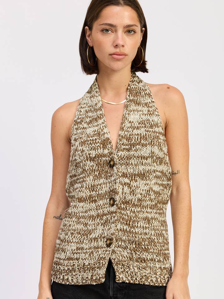 HLATER NECK BUTTON FRONT KNIT TOP for wholesale by Emory Park