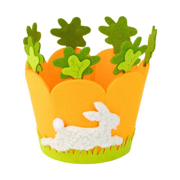 A29657: Felt carrot shape basket with running bunny, 6 in for wholesale by Silver Tree Home & Holiday