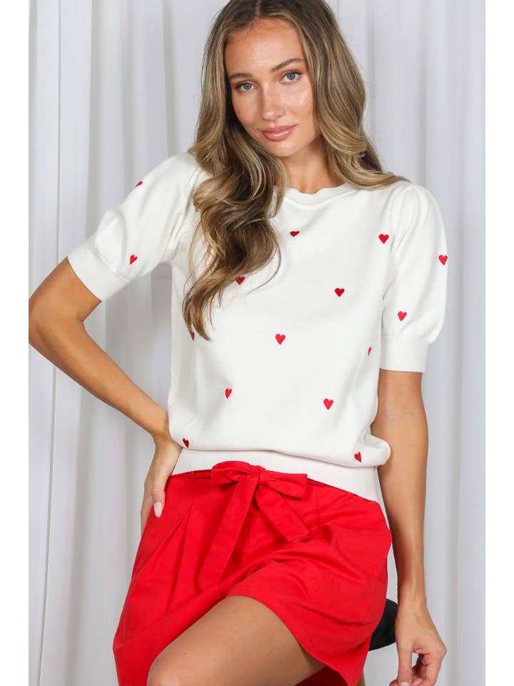 Vine & Love - Wholesale Knit Sweater - Women's - Sweetheart Embroidery Short Puff Knitted Sweater VT82686C11