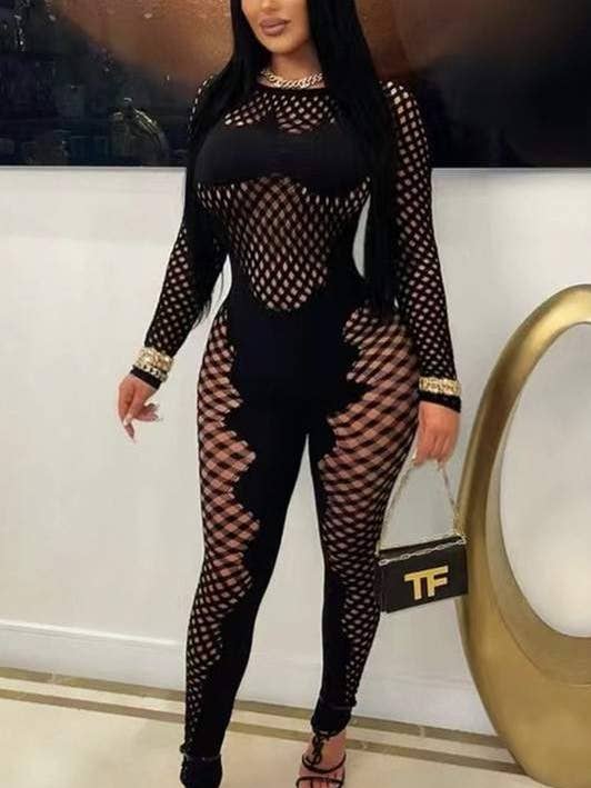 sexy round neck long sleeve sheer mesh jumpsuit for wholesale by Queen Fashion
