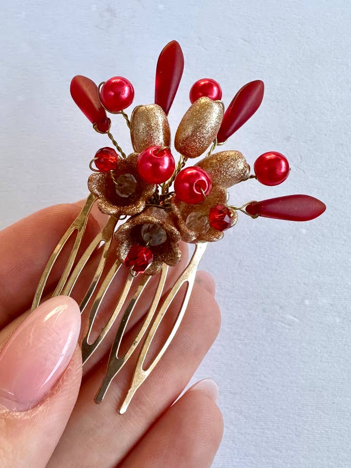 Red & Gold Bridal Hair Comb for wholesale by N.Joya byCori