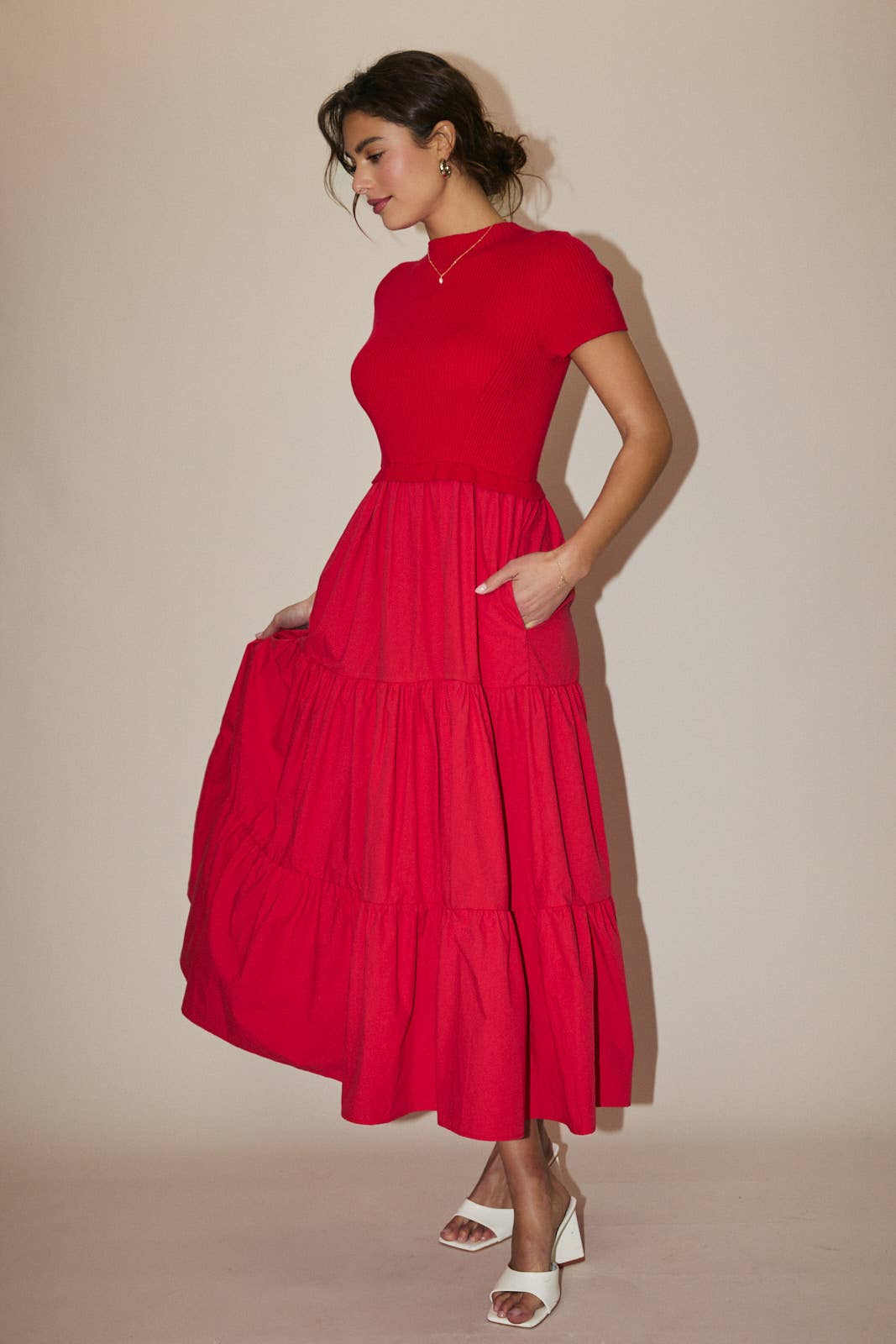 Sunday Edition by LE LIS - Wholesale Dress - Women's - MOCK NECK SHORT SLEEVE KNIT & WOVEN MIX TIERED MIDI DRESS1