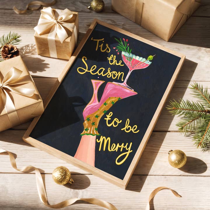 Tis the Season to be Merry” Christmas Cocktail Art Print for wholesale by Violets Print House