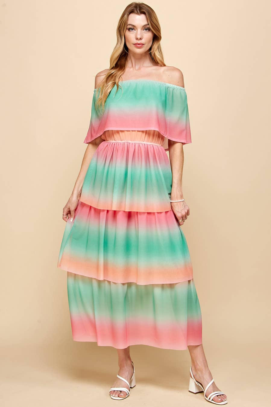 Vert/Flamant rose ISD1211B Robe arc-en-ciel à épaules dénudées vert rose en vente sur Faire10