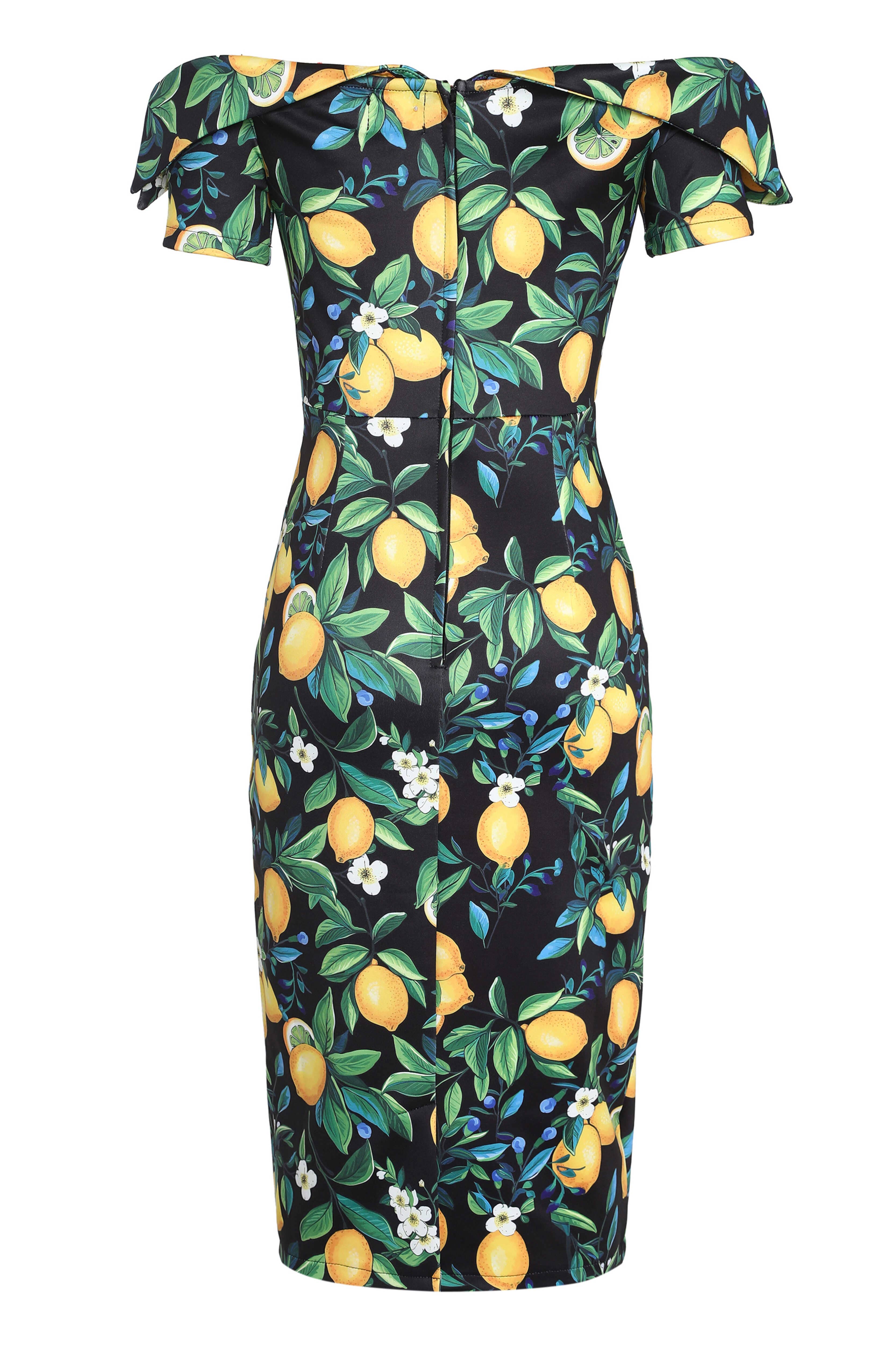Dolly & Dotty - Wholesale Dress - Women's - Monroe Off-the-Shoulder Pencil Dress in Black Lemon Print14