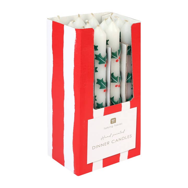 Holly Christmas Taper Candles | 12 Candles | POS Unit | for wholesale by Talking Tables UK