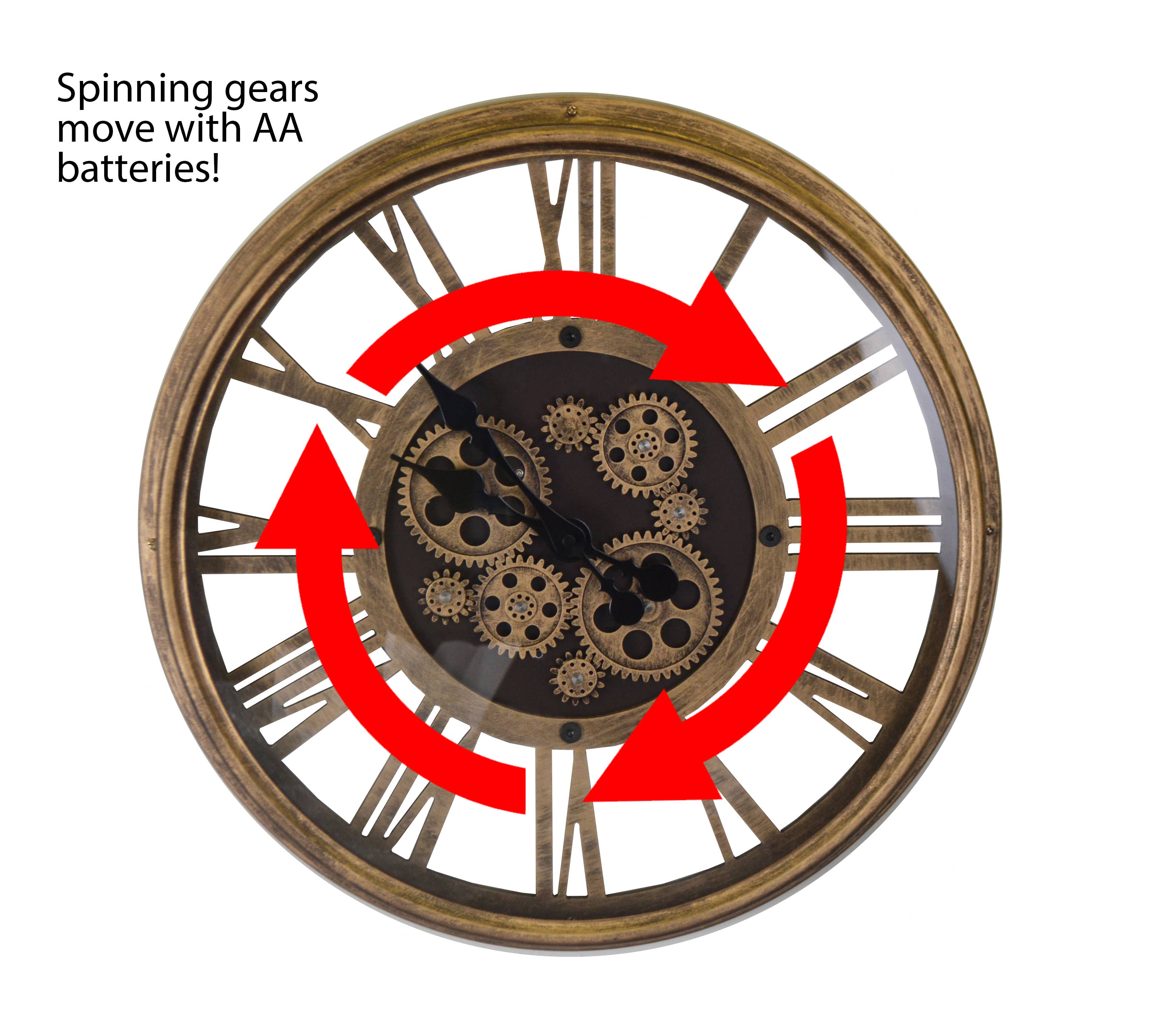 Three Star IM/EX Inc. - Wholesale Wall Clock - 17.5" Ant Gold Wall Clock With Moving Gears3