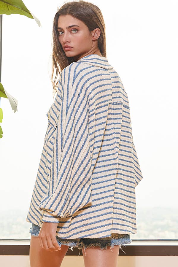 BUCKETLIST INC – wholesale Sweatshirt – Women's – T1578-5  Collared Oversized Button Up Stripe Pullover Top35