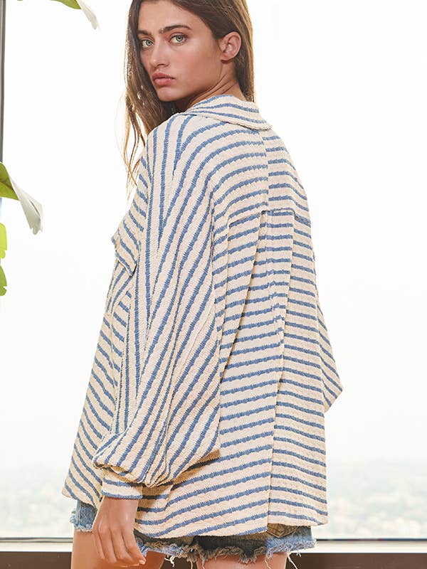 BUCKETLIST - Wholesale Sweatshirt - Women's - T1578-5  Collared Oversized Button Up Stripe Pullover Top36