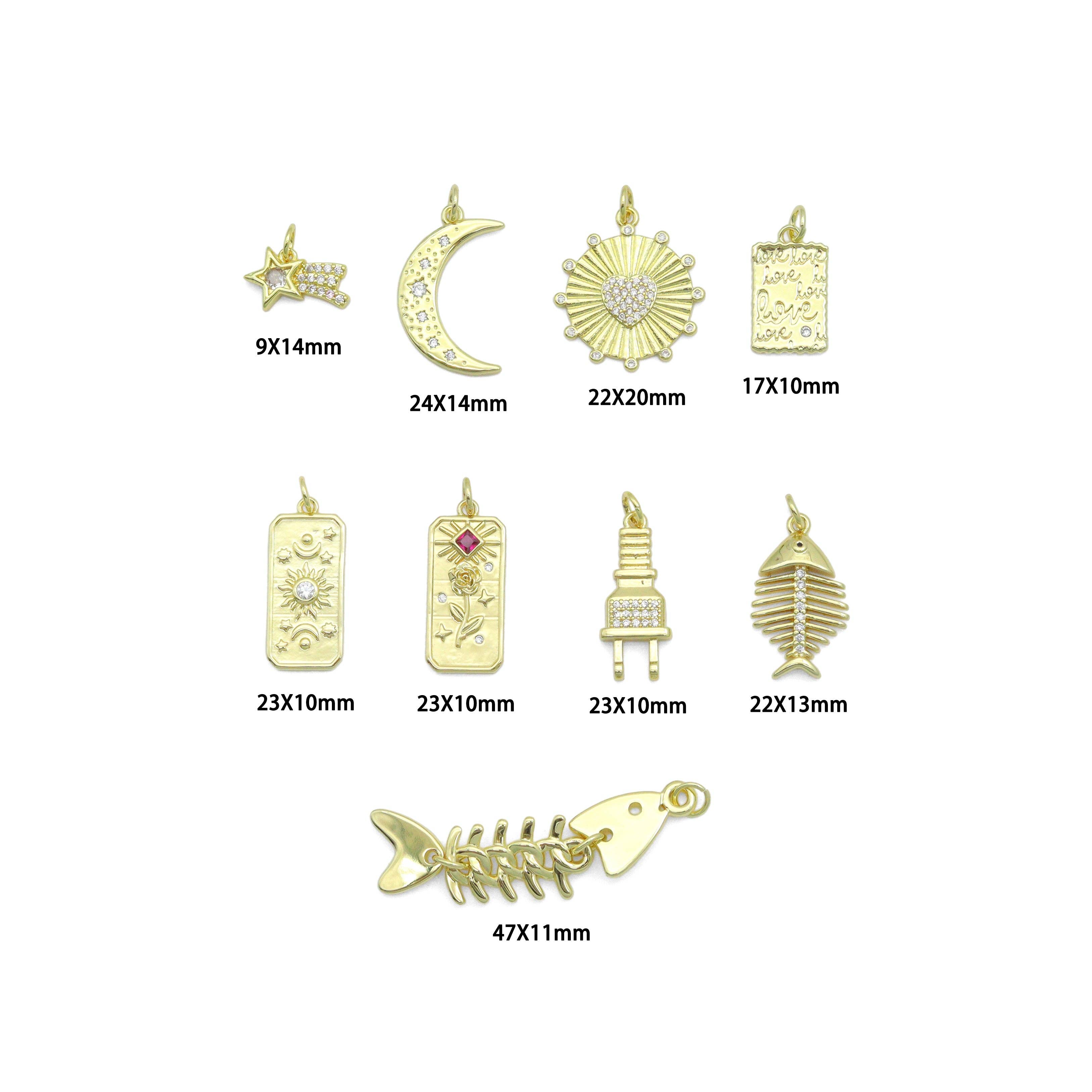 BestBeads&Beyond – wholesale Individual charm/pendant – Clear CZ Gold Star Cresent Moon love plug fishbone rectangle Pendant, Sku#Y10514