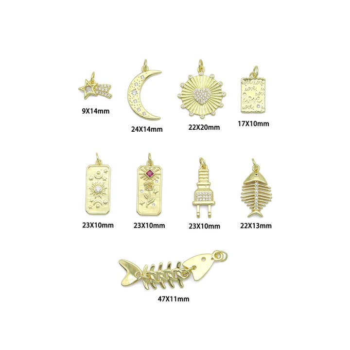 BestBeads&Beyond – wholesale Individual charm/pendant – Clear CZ Gold Star Cresent Moon love plug fishbone rectangle Pendant, Sku#Y10514