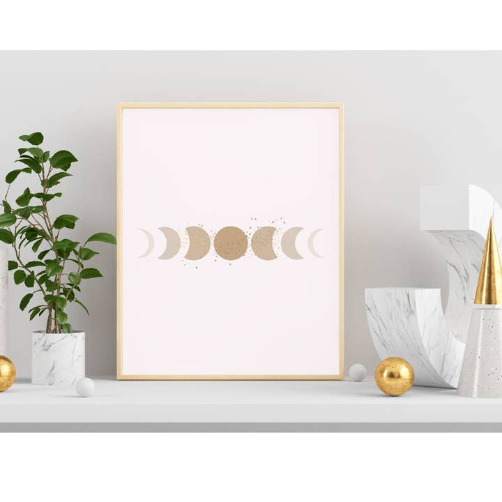 Impression artistique sur les phases de la lune, design bohème, or rose et noir pour la vente par Eagle Woman Prints