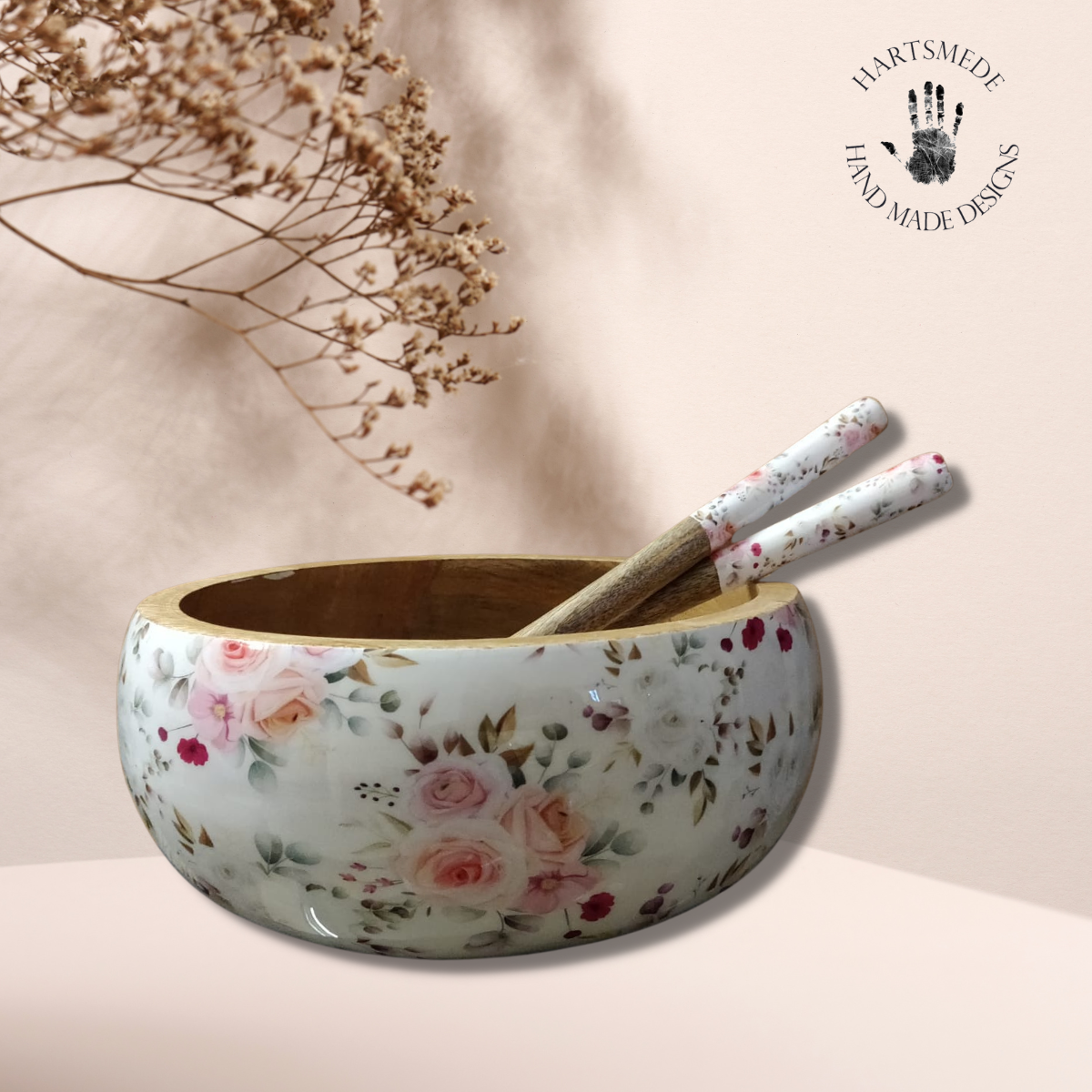 Hartsmede – Engroshandel Serveringsskål – Stor træ serveringsskål sæt med låg & skeer salatskål6