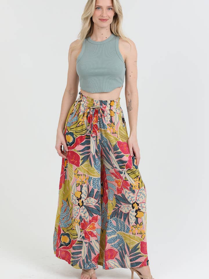 25T20-A865 TROPICAL PRINT WIDE LEG SMOCKED WAIST PANTS for wholesale by ANGIE