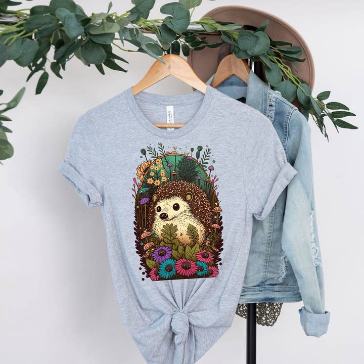 Vivtrek - Wholesale Screen Printed T-Shirt - Women's - Baby Hedgehog Floral Cottagecore Tshirt, Flower3