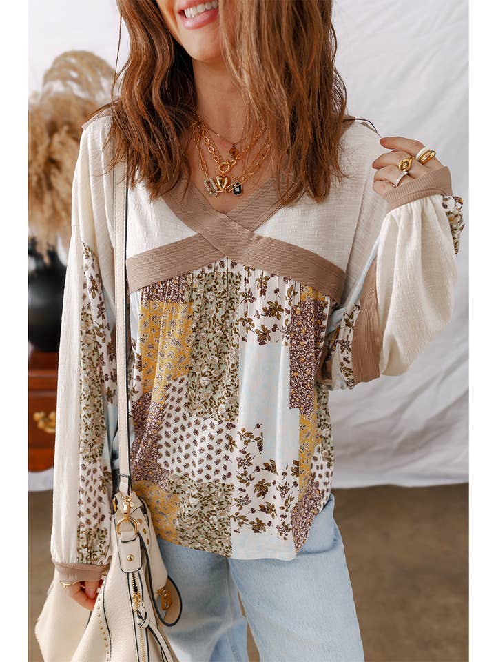 Brown LDC Floral Printed Contrast Patchwork Long Sleeve Top for wholesale on Faire2