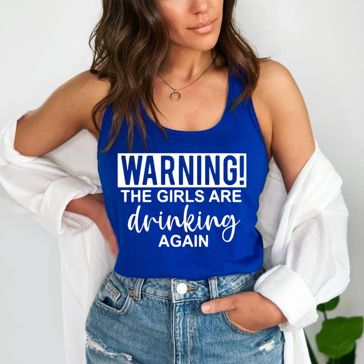 FAMS design - Venta al por mayor Camiseta sin mangas - Mujer - Tanque gráfico Advertencia de que las chicas vuelven a beber