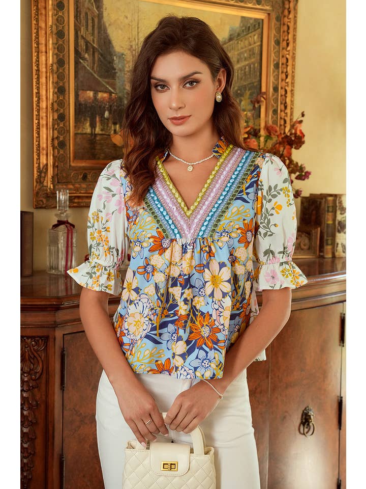 Multi Colored V Neck Half Sleeve Boho Floral Blouse for wholesale on Faire