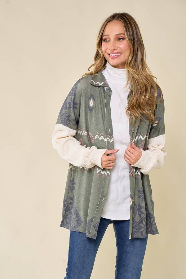 lovely melody - Wholesale Shirt Jacket/Shacket - Women's - LMT3653-Snowflake shacket Print7