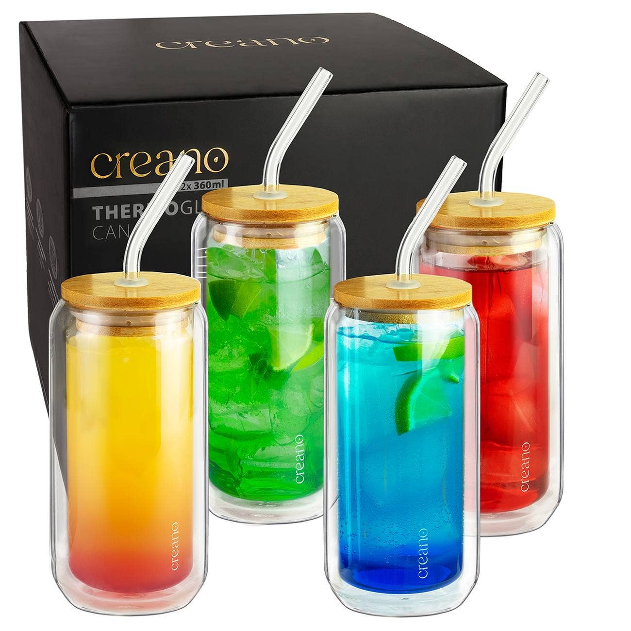Creano - Vente Verre/tasse - Set de 4 verres Creano double paroi avec couvercle bambou et paille, 360 ml6