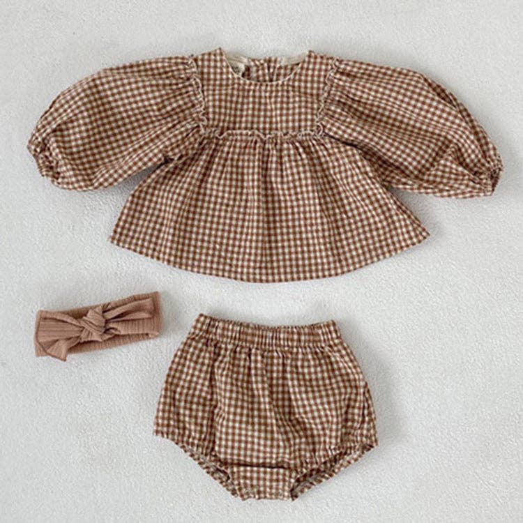 MyKids-USA® - Wholesale Clothing set – Baby - Baby Girl Plaid Pattern Loose Blouses WIth Shorts Headband Sets1