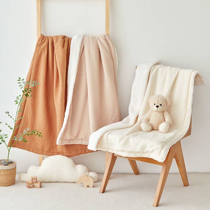 Luxe Multi-Layer Gauze & Sherpa Baby Blanket | Optional Personalization for wholesale by Loa Daisy