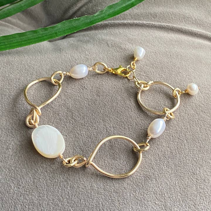 Mother of Pearl Eternity Gold Link Bracelet Freshwater Pearl for wholesale by Marble Designs Jewelry