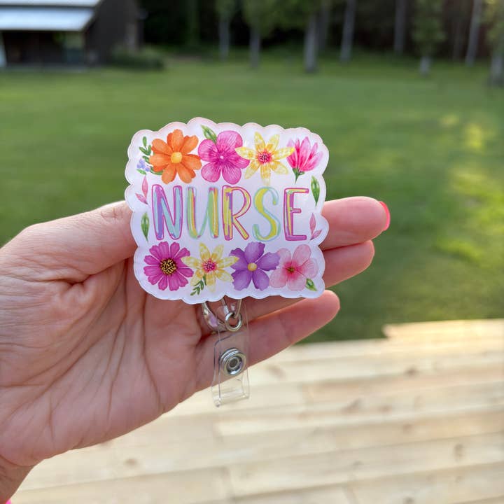 Floral Nurse Badge Reel – Colorful Acrylic Clip for wholesale by Hello Darling Designs