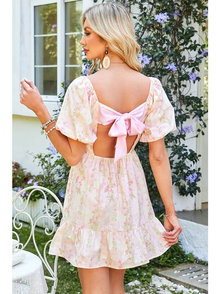Pink Floral Puff Sleeve Square Neck Knot Open Back Mini Dress for wholesale on Faire