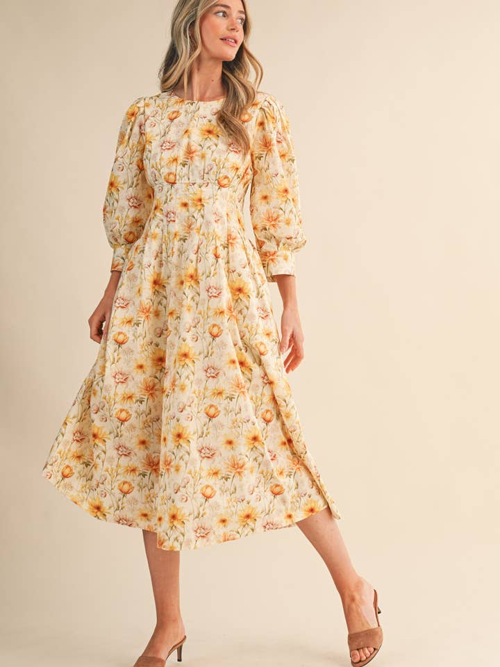 &MERCI - Wholesale Dress - Women's - FLORAL PRINT PLEATED WAIST MIDI DRESS MDR44771