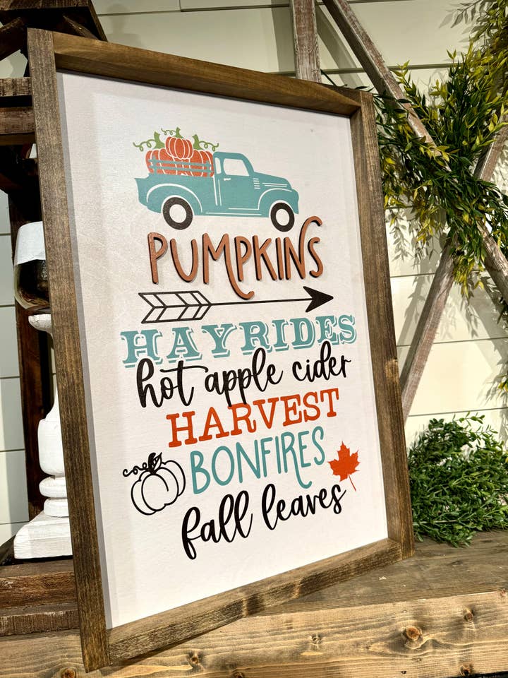 Framed Wooden Sign - 16" x 24" -Pumpkin Hayrides Fall Leaves for wholesale by Whippoorwill Charm
