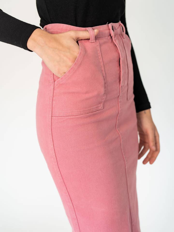 Midi Denim Skirt with Front Slit for wholesale by Recollection Brand