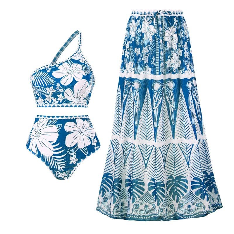 FurDecoration - Wholesale Two Piece Swimsuit - Women's - Printed Mesh One Shoulder Bikini Set - 3 Pieces1