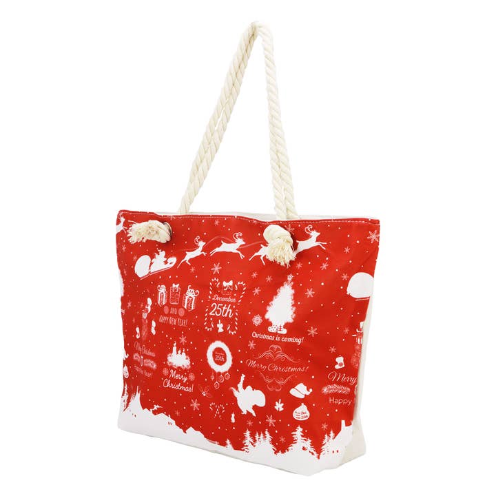 RED WHITE Christmas Winter Village Zipper Canvas Tote Bag for wholesale on Faire1