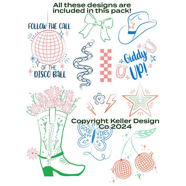 Keller Design Co. - Wholesale DIY Craft Kit - Stick It Stitch It Water Soluble Embroidery Patterns-Disco Cowgirl1