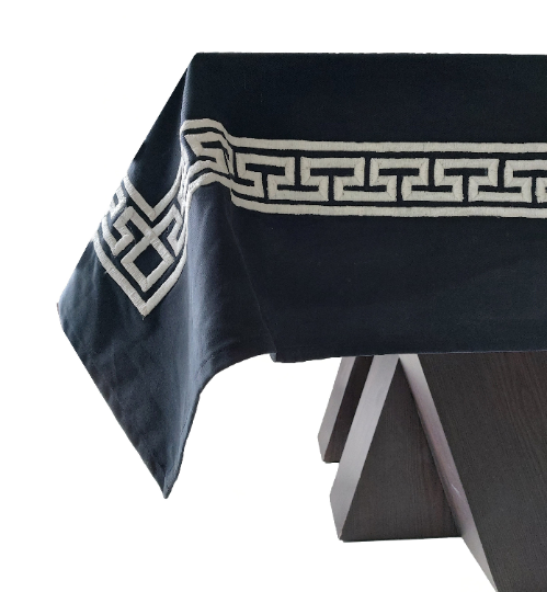 Amore Beauté - Wholesale Tablecloth - Table Cloth, Navy Blue Cotton Table Linen, Gray Greek Key Em1
