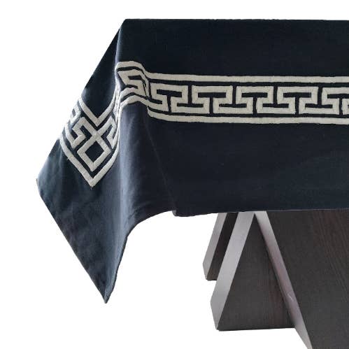 Amore Beauté - Wholesale Tablecloth - Table Cloth, Navy Blue Cotton Table Linen, Gray Greek Key Em1