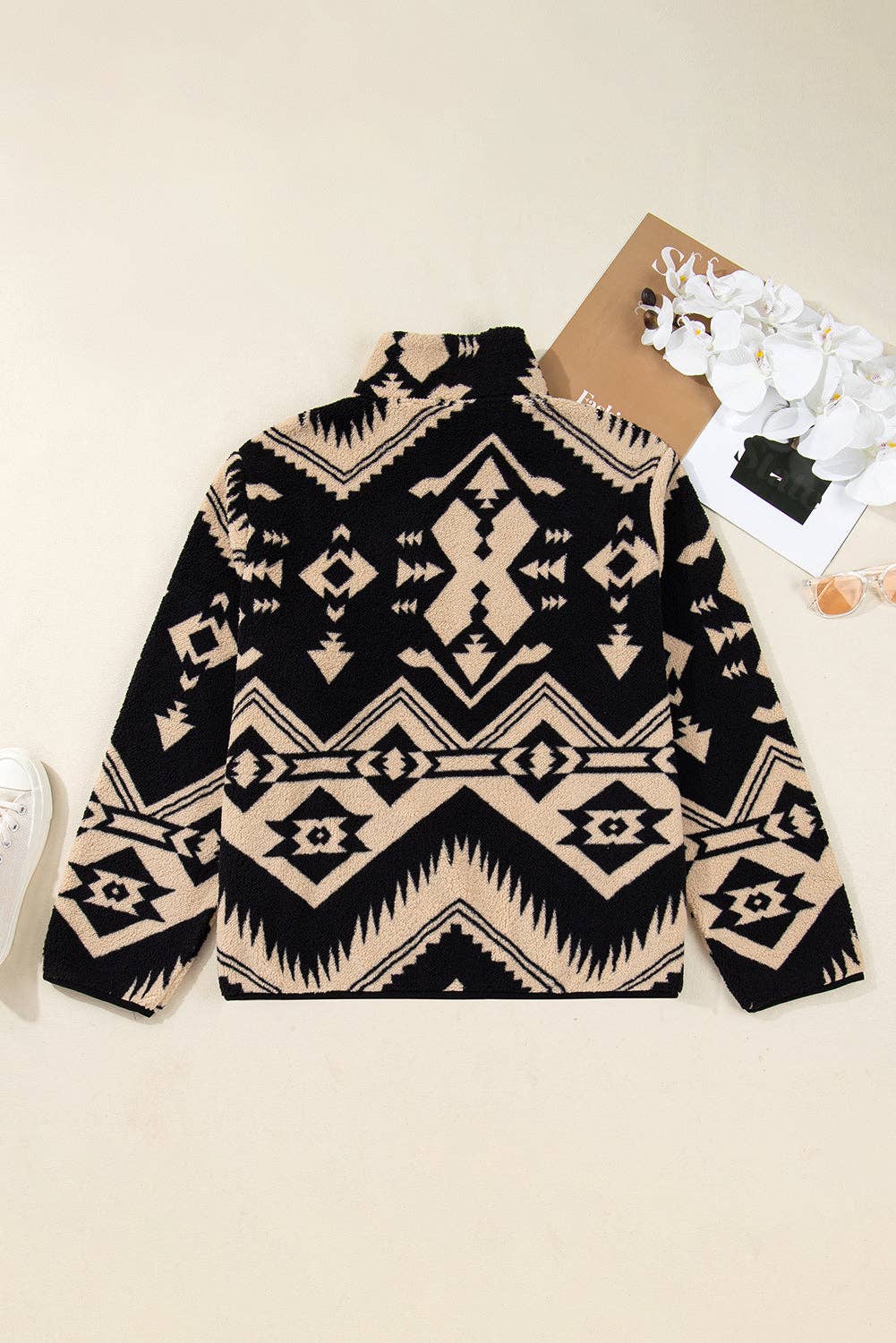 Black Plus Size Western Aztec Fleece Half Button Sweatshirt for wholesale on Faire6