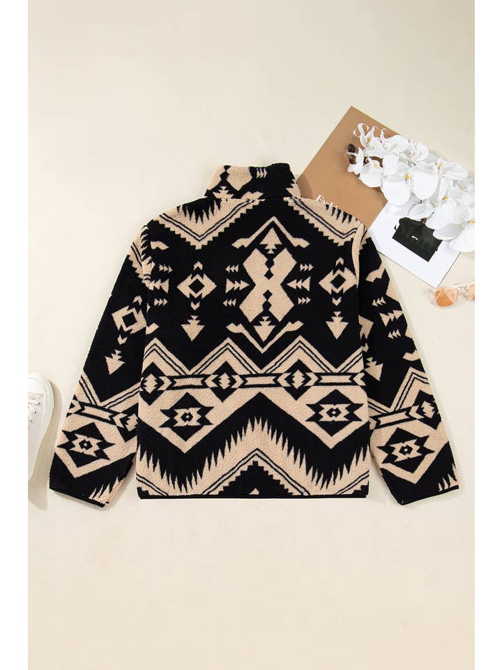Black Plus Size Western Aztec Fleece Half Button Sweatshirt for wholesale on Faire6