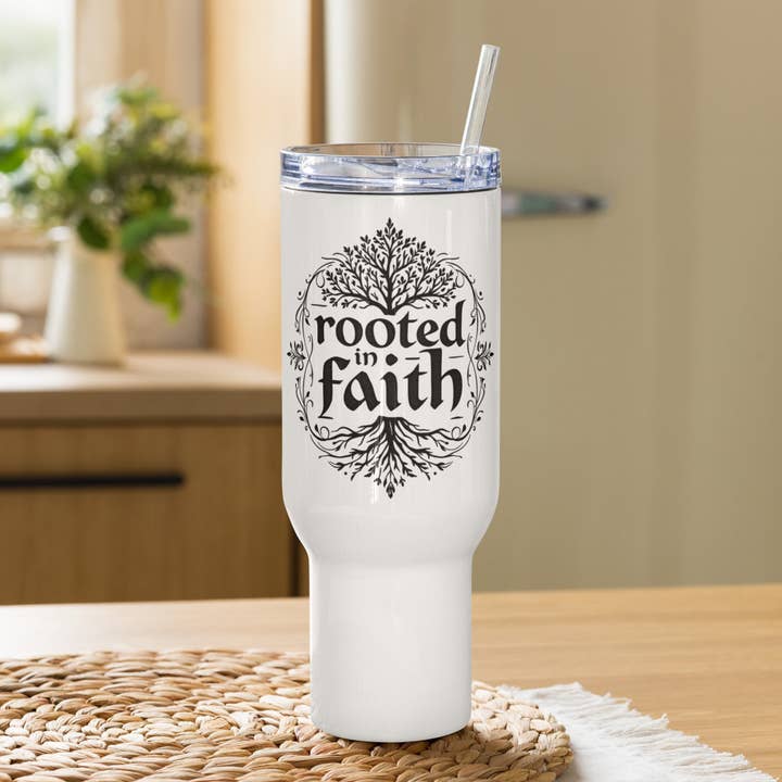 Rooted in Faith Travel mug with a handle for wholesale by Grow Your Faith
