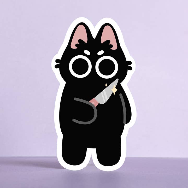 Black Cat with Knife - Glossy Die-Cut Vinyl Stickers for wholesale by Ouri Studio