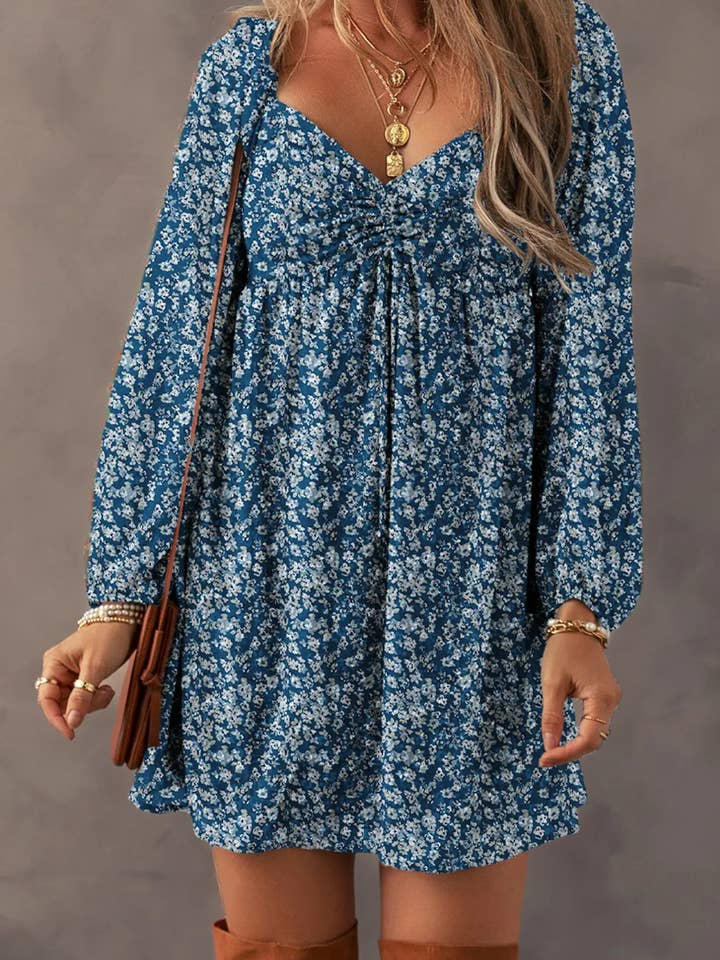 Lovesoft - Wholesale Dress - Women's - Green Floral Print Sweetheart Neck Shirred Back Mini Dress3