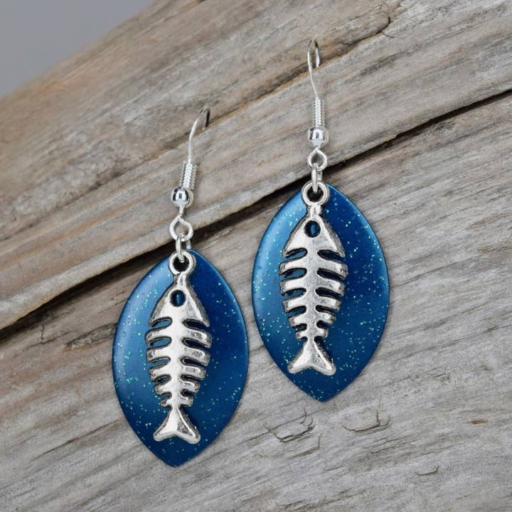 Med. Blue Sparkle Marquise Fishbone Earrings for wholesale by Eye Catching Jewelry