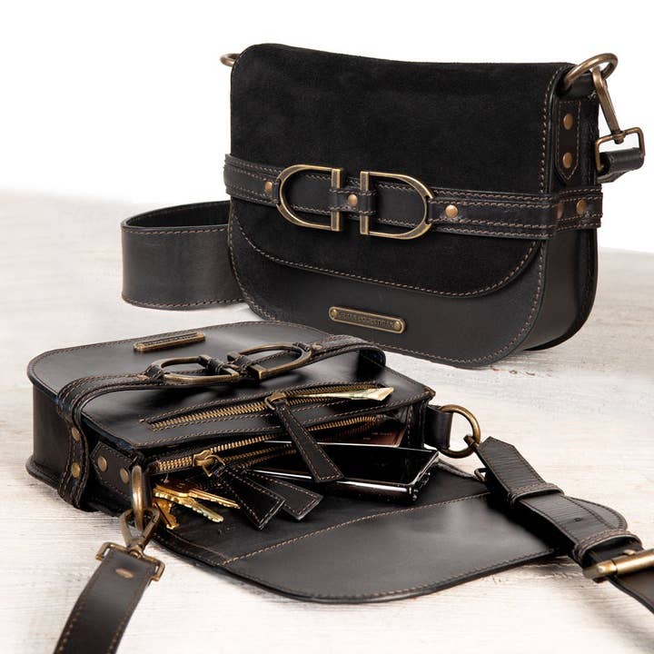 URBAN-EQUESTRIAN - Wholesale Crossbody Bag - Women's - Delaney - Equestrian Stirrup Crossbody Luxury Leather Handbag in Black on Black2