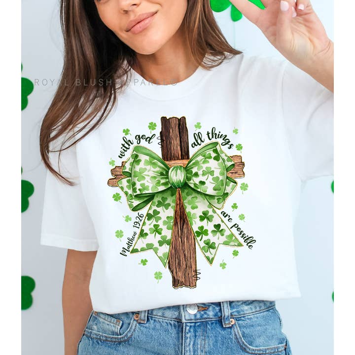 Croix de la Saint-Patrick Avec Dieu, tout est possible Transfert en couleur complète pour la vente par RBA Transfers