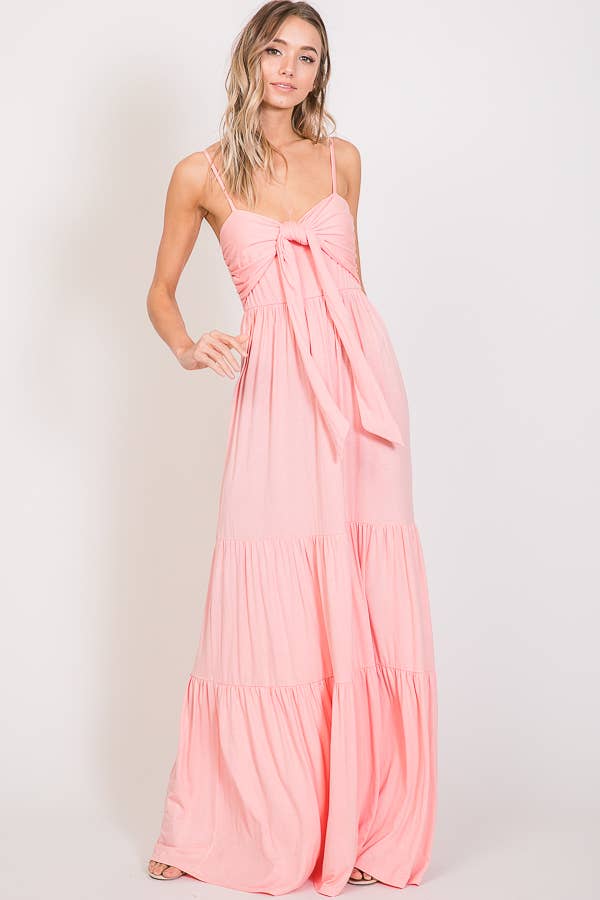 7th Ray - Vendita all'ingrosso Vestito - Donna - Abito lungo a balze con nodo frontale casual e spalline sottili D23077