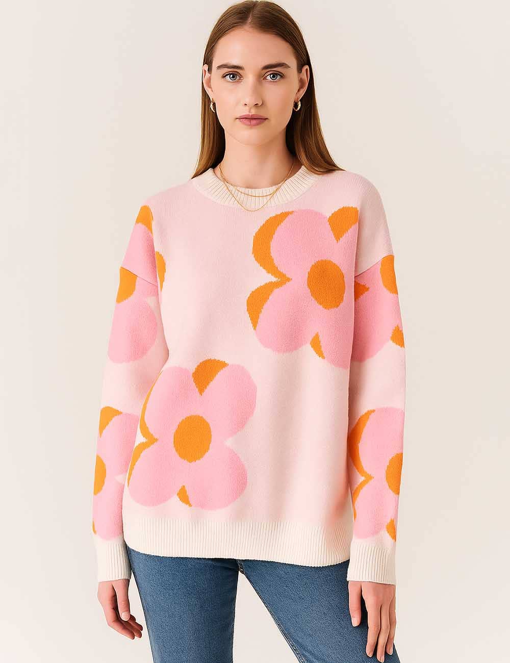 Sweetkama - Vente Pull en maille – femme - Pull tricoté à col rond à motif floral multicolore pour femmes11