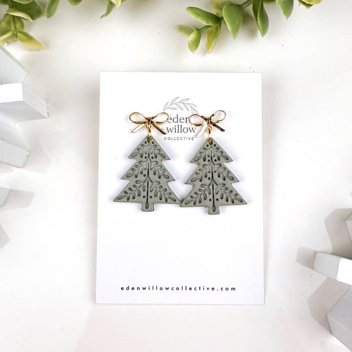 Eden + Willow Collective - Wholesale Dangle Earrings - Handmade Nordic Christmas Tree Earrings with Gold Bows3