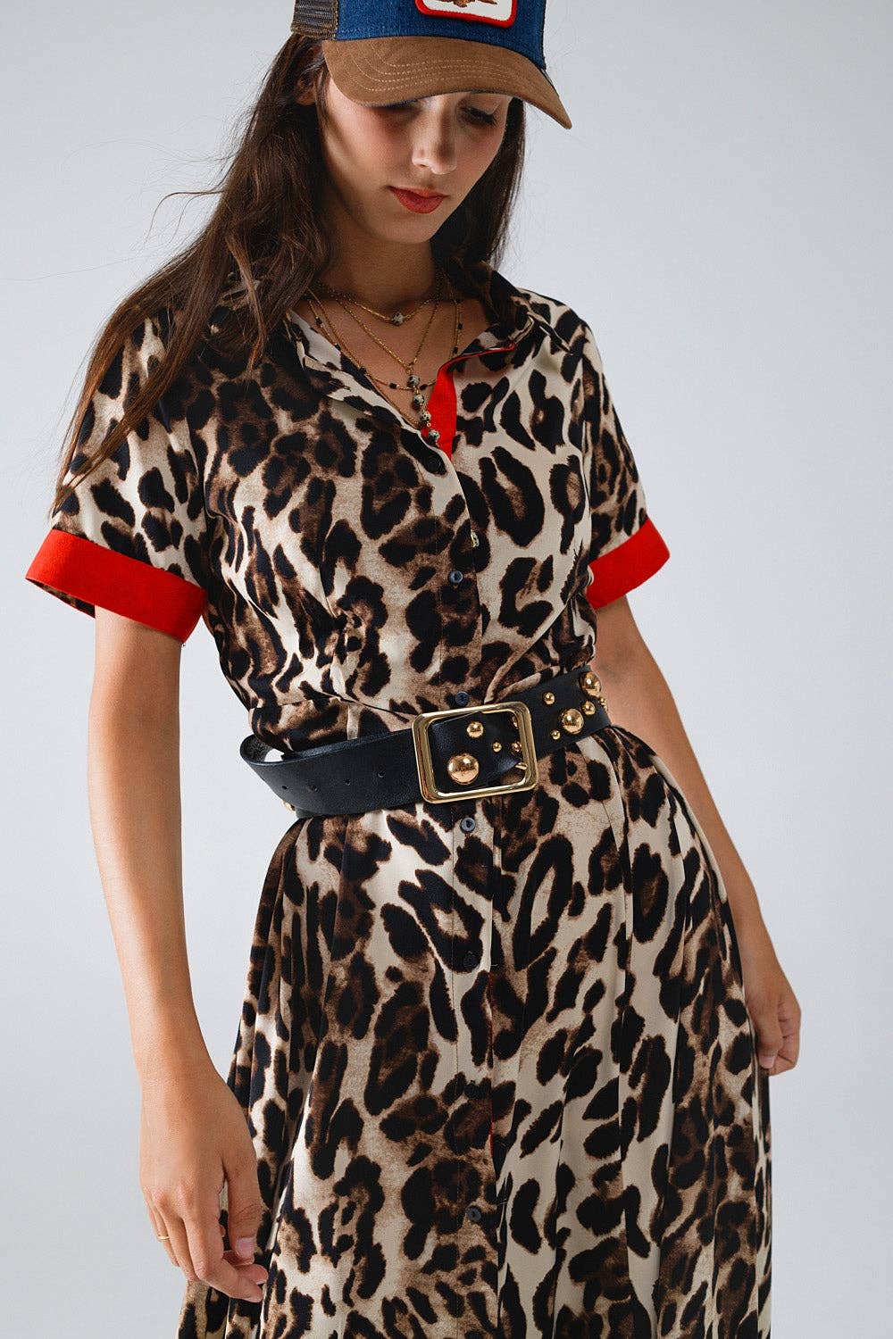 Wholesale Maxi Leopard Button-Down Dress With Red Details