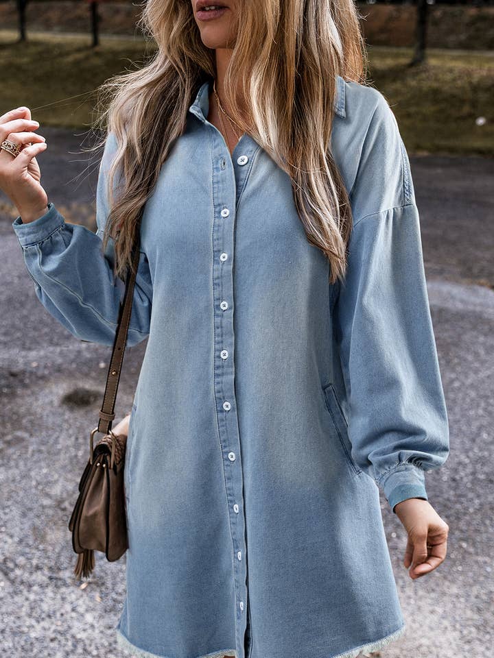Risen Medium Washed Denim Shirt Dress for wholesale by LiveFashionWay